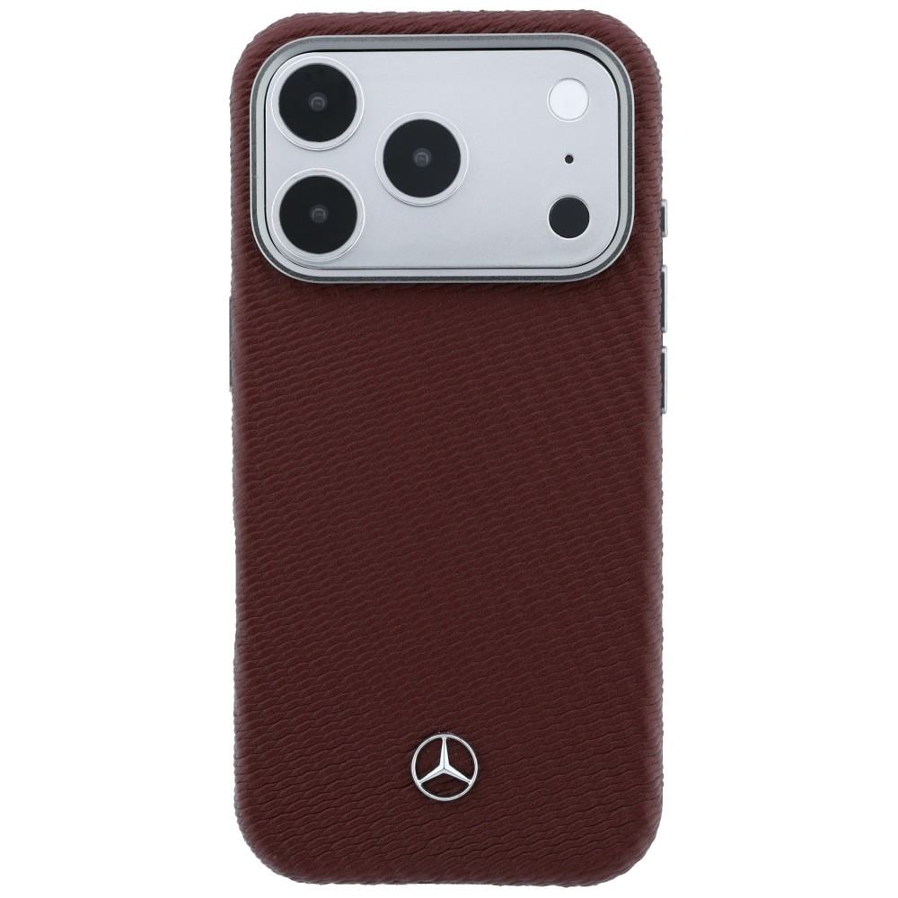 Mercedes Leather Semi Wrap Wood Effect MagSafe dėklas iPhone 17 Pro Max - Raudona