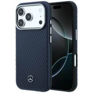 Mercedes Leather Semi Wrap Wood Effect MagSafe dėklas iPhone 17 Pro Max - Tamsiai mėlynas