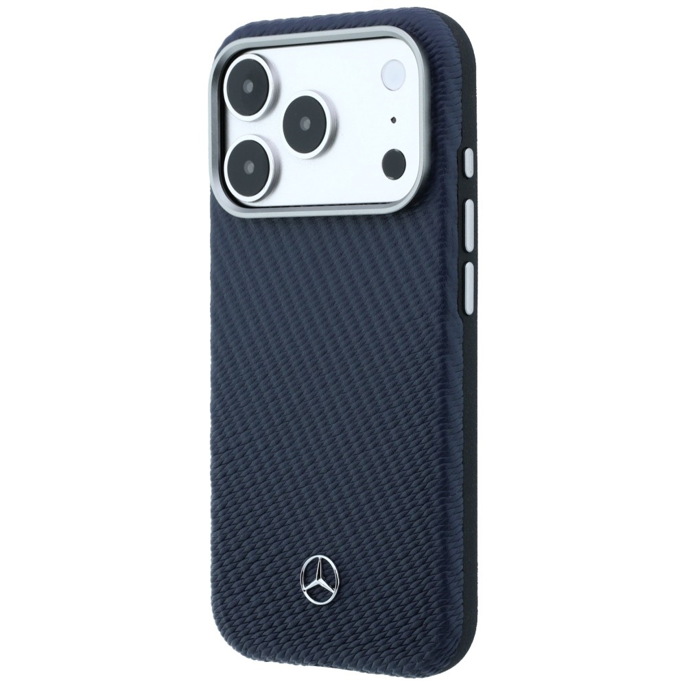 Mercedes Leather Semi Wrap Wood Effect MagSafe dėklas iPhone 17 Pro Max - Tamsiai mėlynas