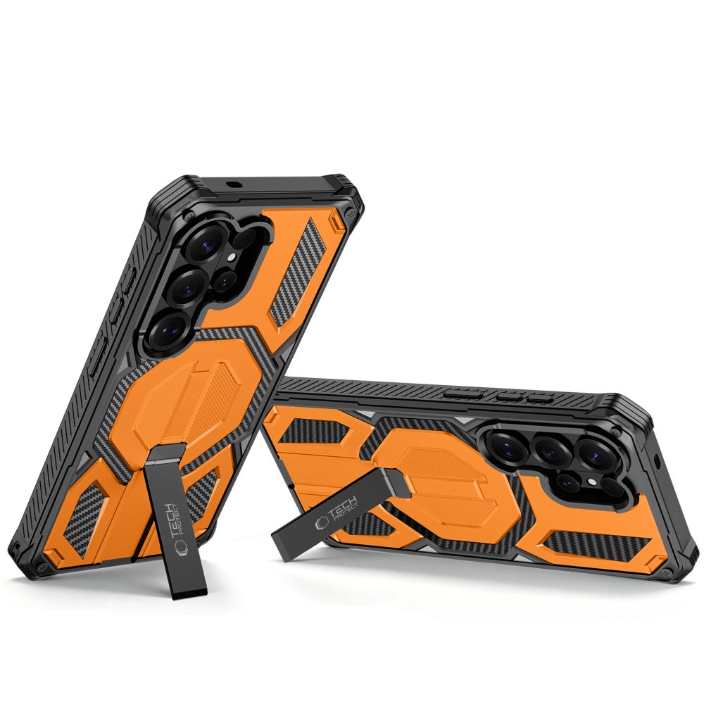 Dėklas Tech-Protect MagBlast MagSafe + apsauginis stiklas 2 vnt. Galaxy S26 Ultra, juodas/oranžinis