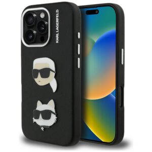 Karl Lagerfeld FW Grained Karl & Choupette Heads Pins dėklas iPhone 16 Pro – juodas