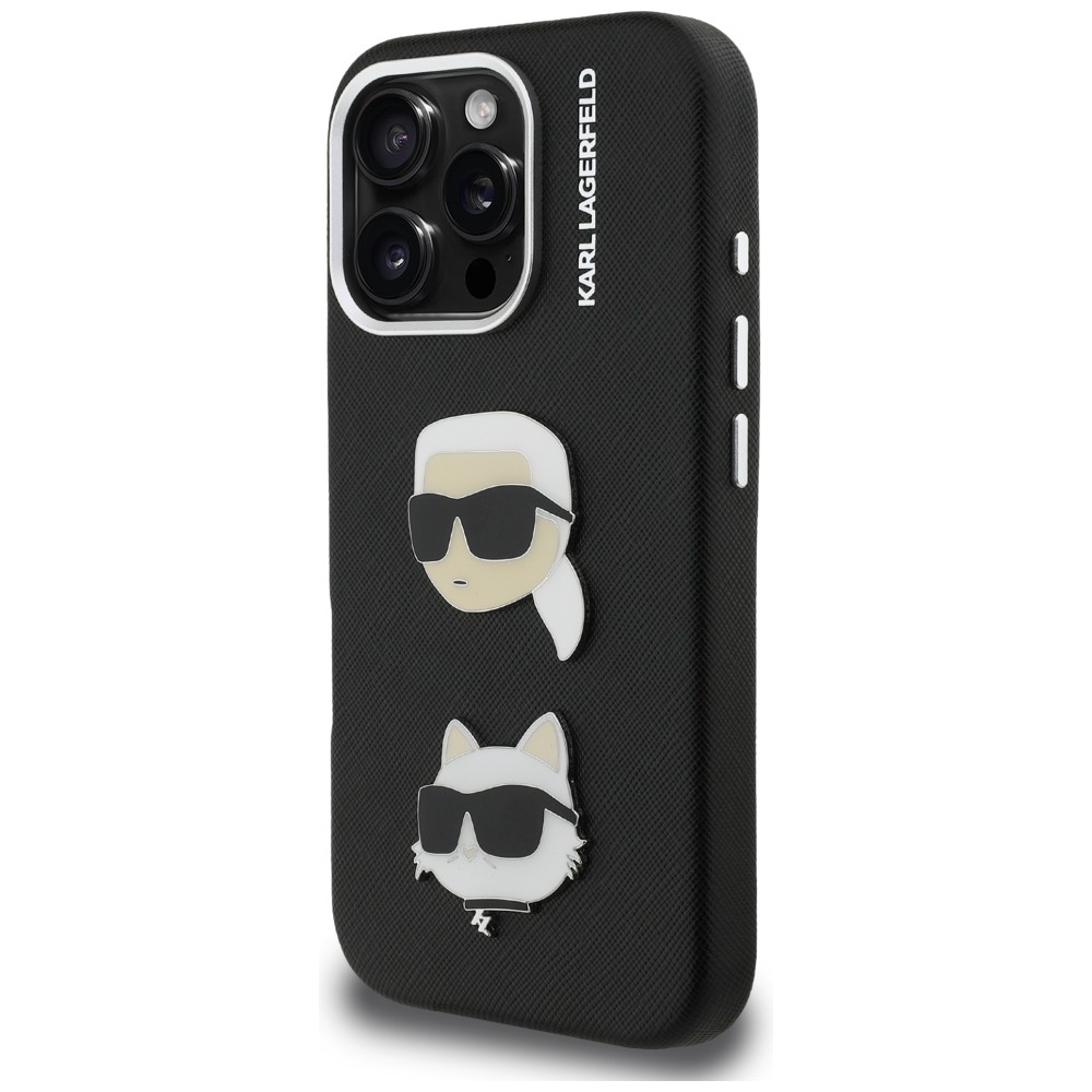 Karl Lagerfeld FW Grained Karl & Choupette Heads Pins dėklas iPhone 16 Pro – juodas