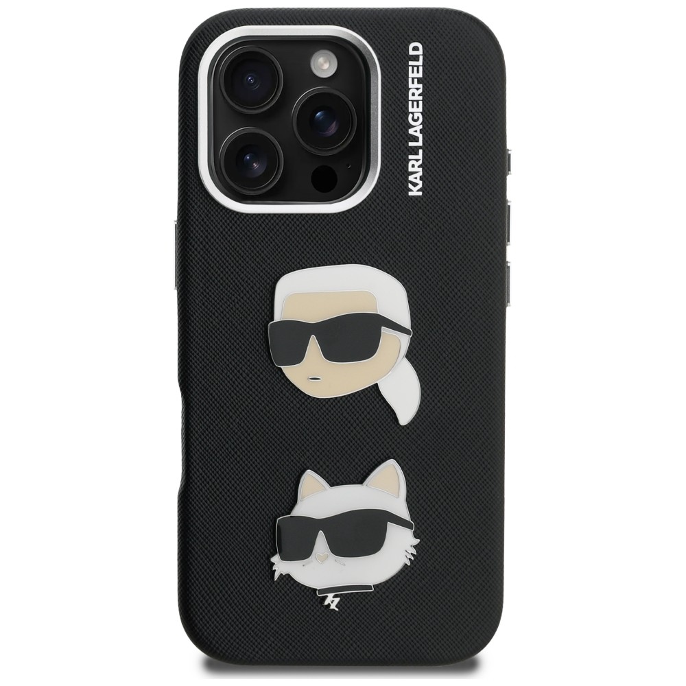 Karl Lagerfeld FW Grained Karl & Choupette Heads Pins dėklas iPhone 16 Pro – juodas