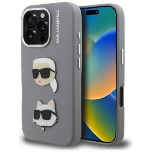 Karl Lagerfeld FW Grained Karl & Choupette Heads Pins dėklas iPhone 16 Pro - Pilkas