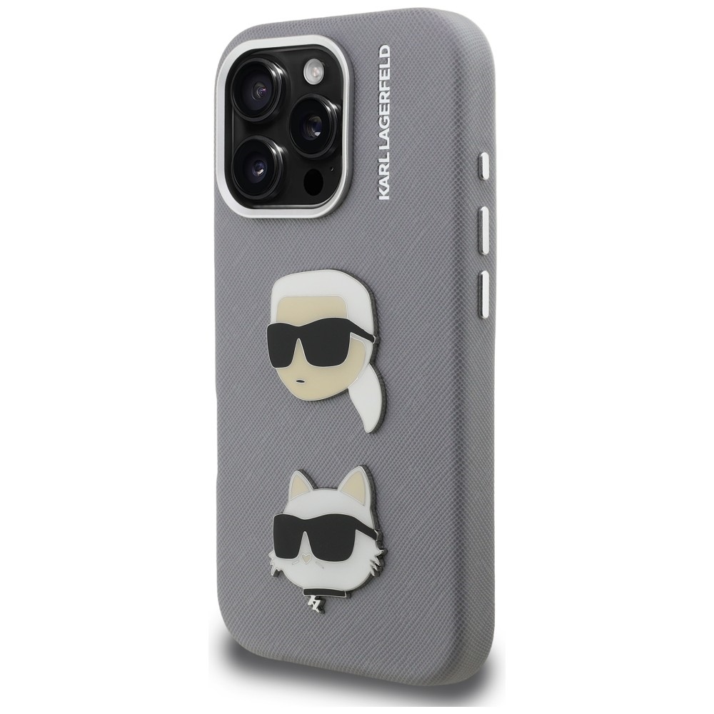 Karl Lagerfeld FW Grained Karl & Choupette Heads Pins dėklas iPhone 16 Pro - Pilkas