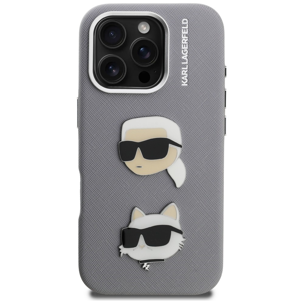 Karl Lagerfeld FW Grained Karl & Choupette Heads Pins dėklas iPhone 16 Pro - Pilkas
