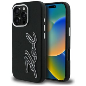 Karl Lagerfeld FW Grained Signature Logo iPhone 16 Pro dėklas - Juodas