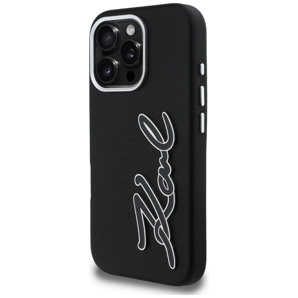 Karl Lagerfeld FW Grained Signature Logo iPhone 16 Pro dėklas - Juodas