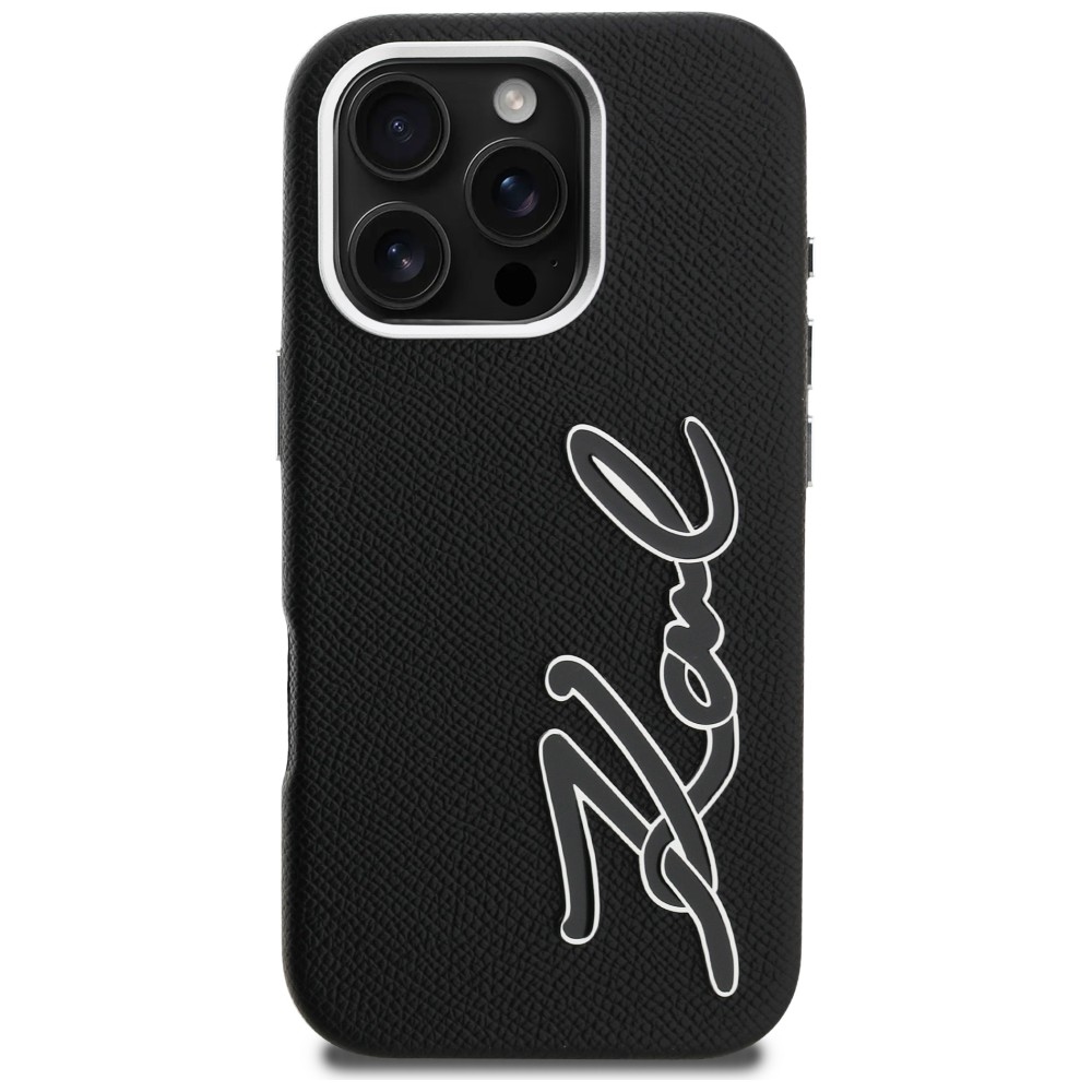 Karl Lagerfeld FW Grained Signature Logo iPhone 16 Pro dėklas - Juodas