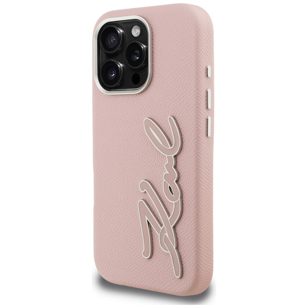 Karl Lagerfeld FW Grained Signature Logo iPhone 16 Pro dėklas - Rožinis