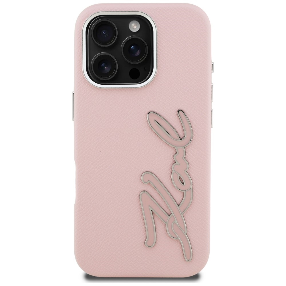 Karl Lagerfeld FW Grained Signature Logo iPhone 16 Pro dėklas - Rožinis