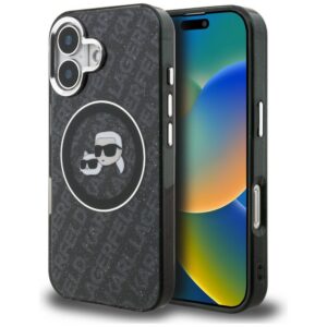 Karl Lagerfeld IML Glitter Karl & Choupette Heads Logo MagSafe dėklas iPhone 16 - Juoda