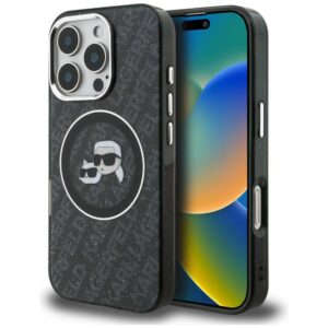 Karl Lagerfeld IML Glitter Karl & Choupette Heads Logo MagSafe dėklas iPhone 16 Pro - Juoda