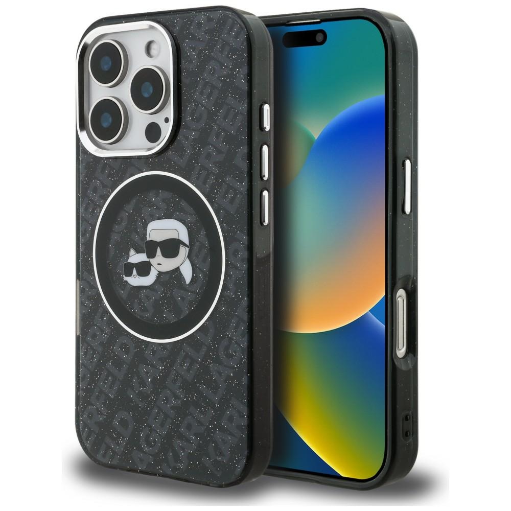 Karl Lagerfeld IML Glitter Karl & Choupette Heads Logo MagSafe dėklas iPhone 16 Pro - Juoda