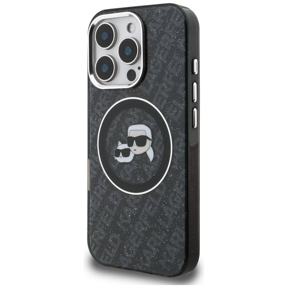 Karl Lagerfeld IML Glitter Karl & Choupette Heads Logo MagSafe dėklas iPhone 16 Pro - Juoda