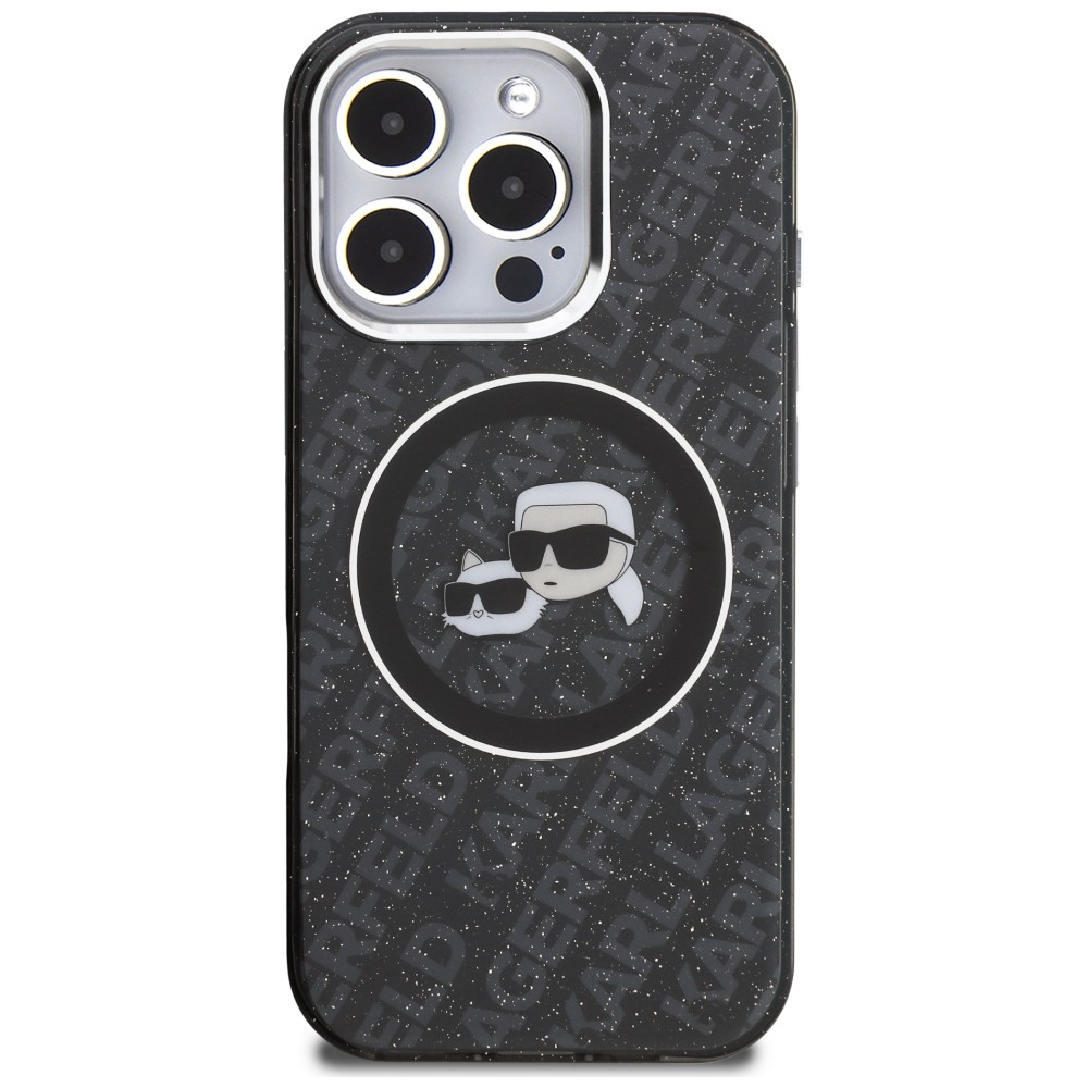 Karl Lagerfeld IML Glitter Karl & Choupette Heads Logo MagSafe dėklas iPhone 16 Pro - Juoda