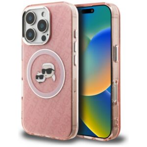 Karl Lagerfeld IML Glitter Karl & Choupette Heads Logo MagSafe dėklas, skirtas iPhone 16 Pro - Rožinis