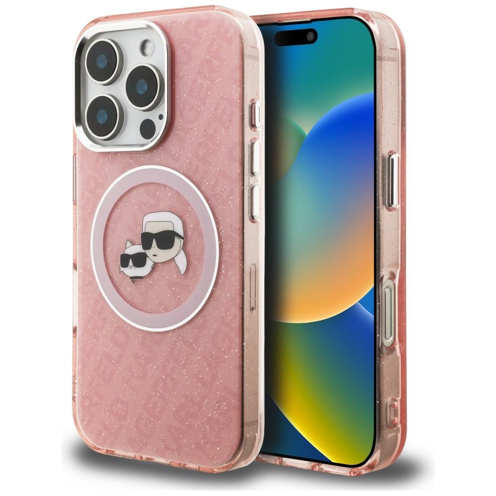 Karl Lagerfeld IML Glitter Karl & Choupette Heads Logo MagSafe dėklas, skirtas iPhone 16 Pro - Rožinis