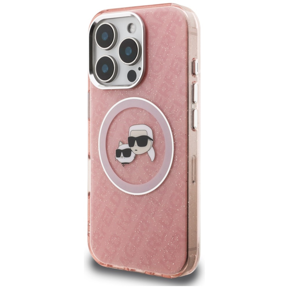 Karl Lagerfeld IML Glitter Karl & Choupette Heads Logo MagSafe dėklas, skirtas iPhone 16 Pro - Rožinis