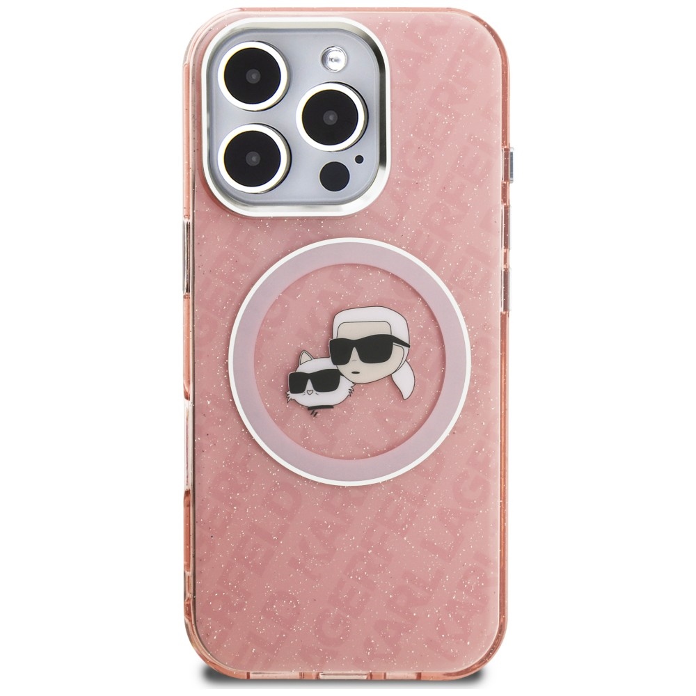 Karl Lagerfeld IML Glitter Karl & Choupette Heads Logo MagSafe dėklas, skirtas iPhone 16 Pro - Rožinis