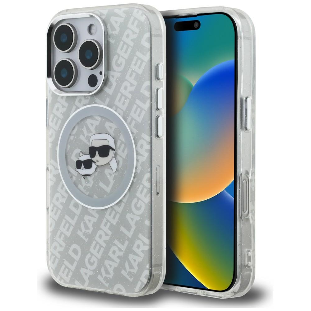 Karl Lagerfeld IML Glitter Karl & Choupette Heads Logo MagSafe dėklas, skirtas iPhone 16 Pro - Pilkas