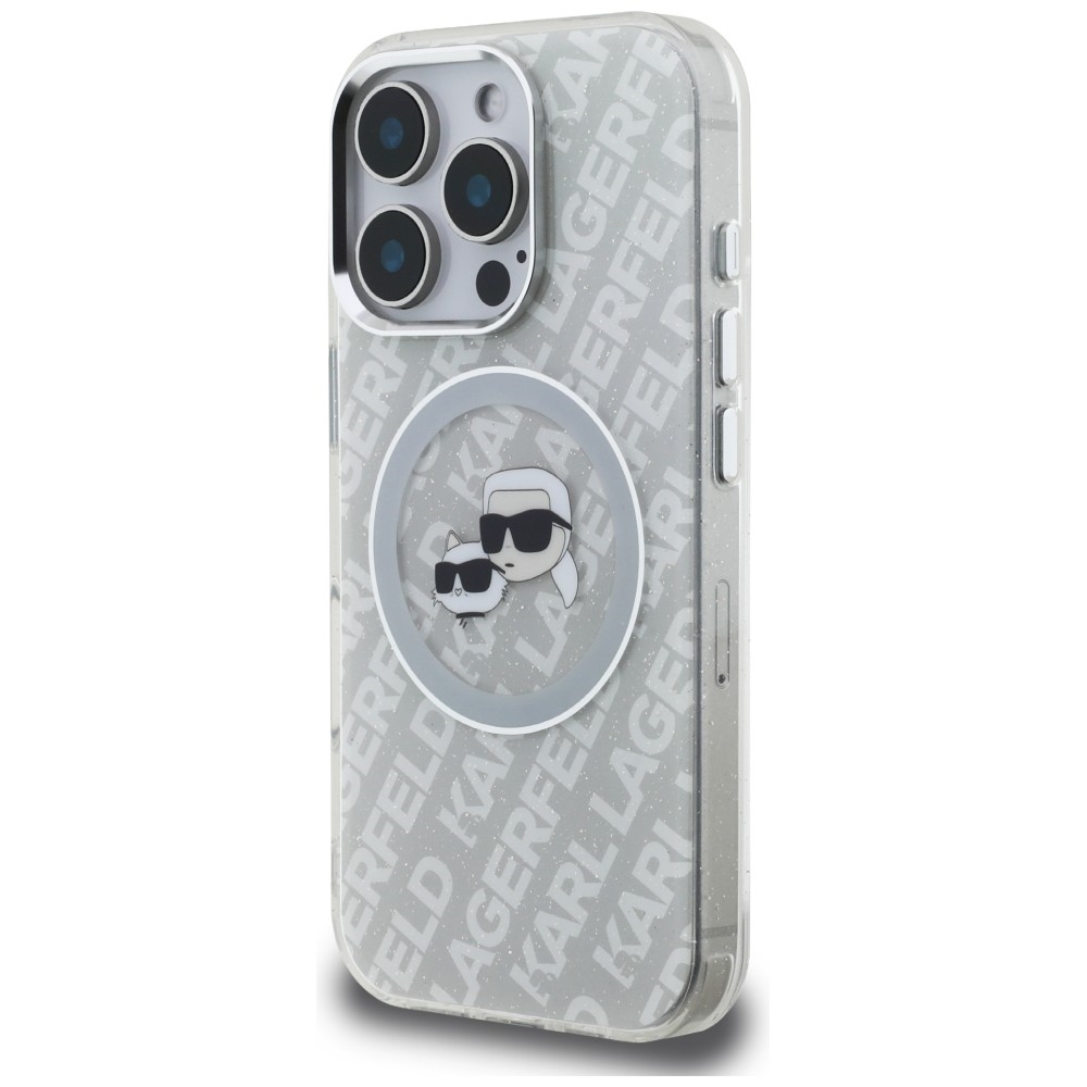 Karl Lagerfeld IML Glitter Karl & Choupette Heads Logo MagSafe dėklas, skirtas iPhone 16 Pro - Pilkas