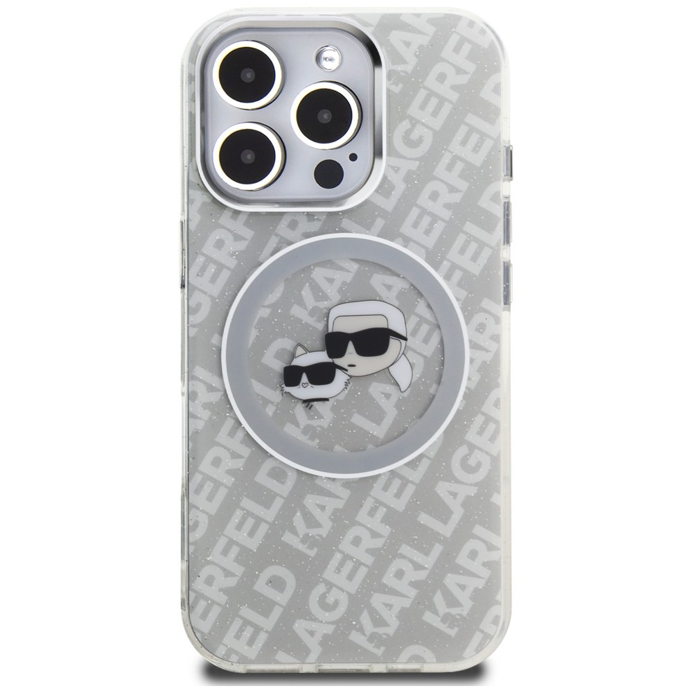 Karl Lagerfeld IML Glitter Karl & Choupette Heads Logo MagSafe dėklas, skirtas iPhone 16 Pro - Pilkas