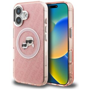 Karl Lagerfeld IML Glitter Karl & Choupette Heads Logo MagSafe iPhone 16 dėklas - Rožinis
