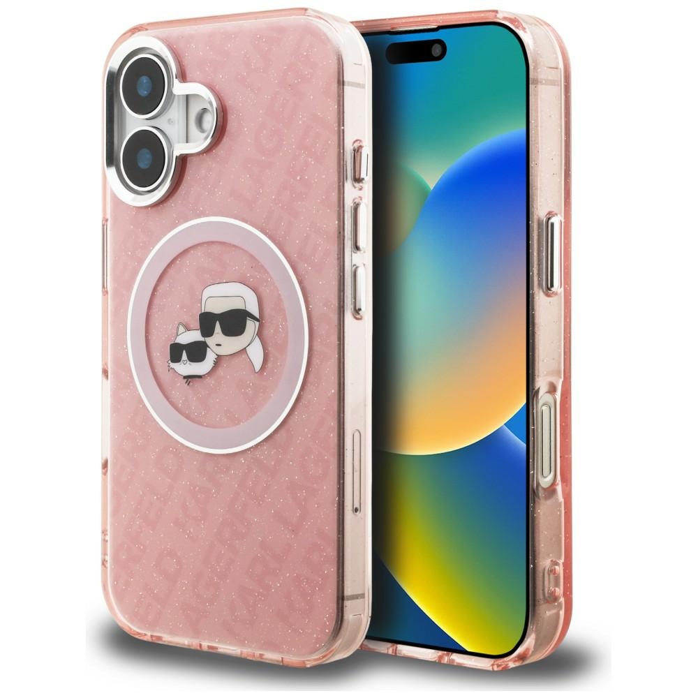 Karl Lagerfeld IML Glitter Karl & Choupette Heads Logo MagSafe iPhone 16 dėklas - Rožinis