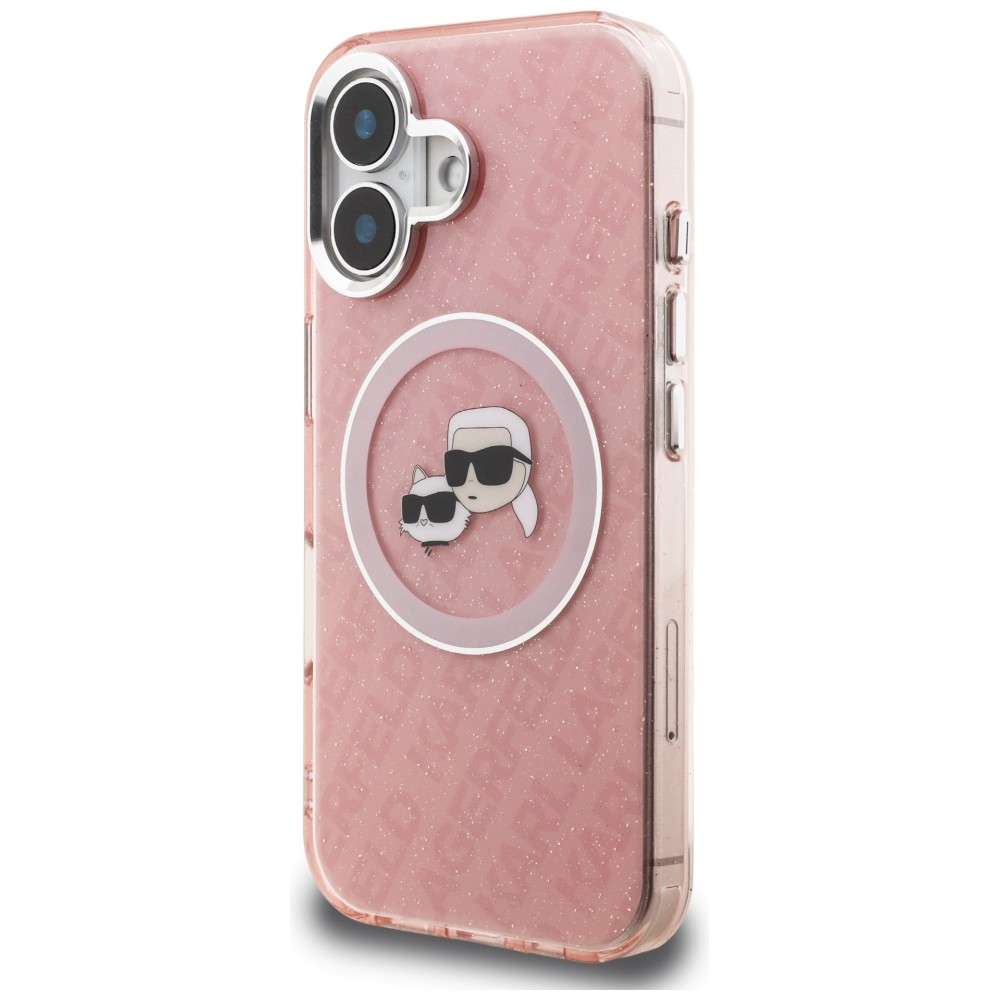 Karl Lagerfeld IML Glitter Karl & Choupette Heads Logo MagSafe iPhone 16 dėklas - Rožinis