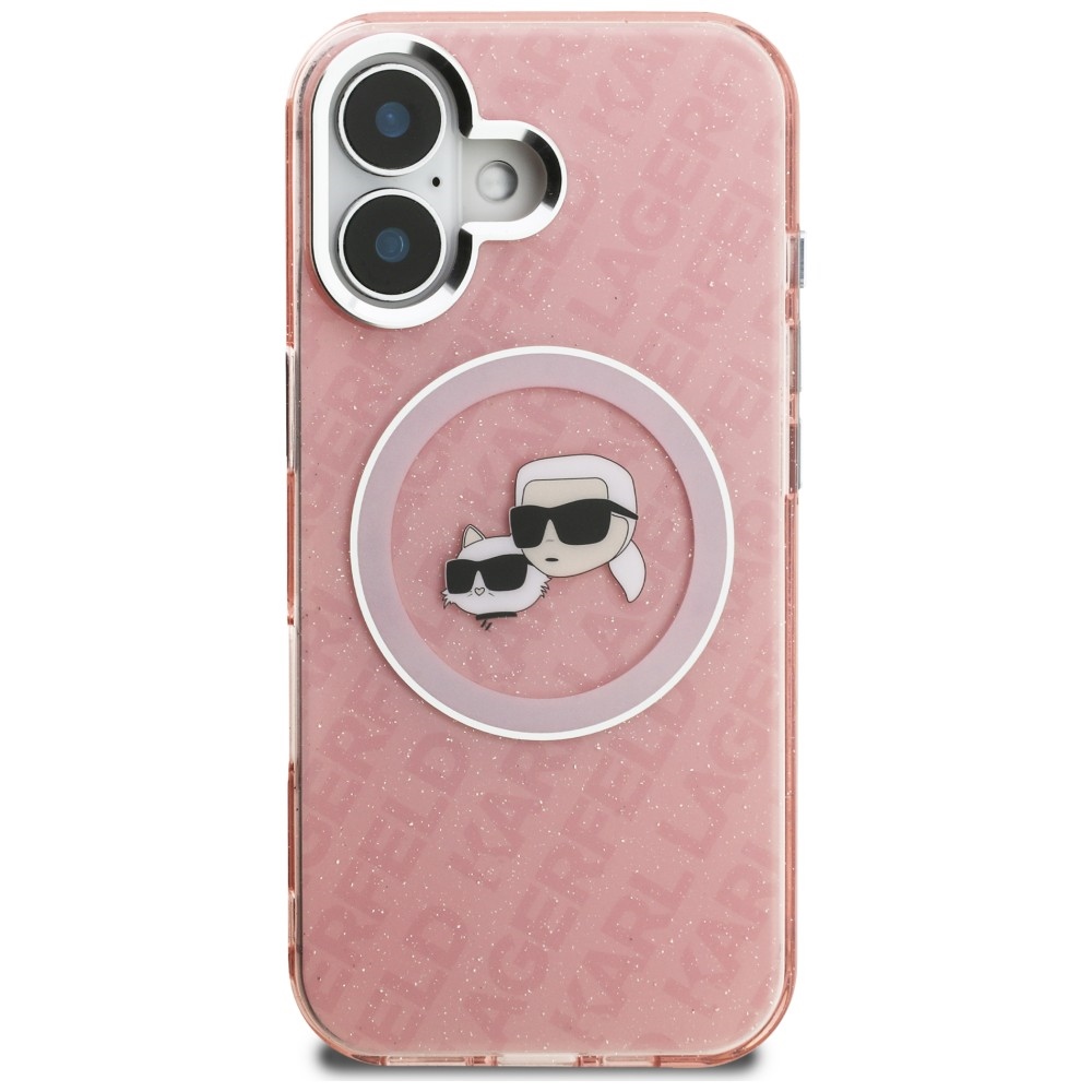Karl Lagerfeld IML Glitter Karl & Choupette Heads Logo MagSafe iPhone 16 dėklas - Rožinis