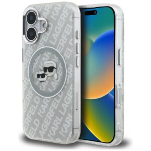 Karl Lagerfeld IML Glitter Karl & Choupette Heads Logo MagSafe iPhone 16 dėklas - Pilkas
