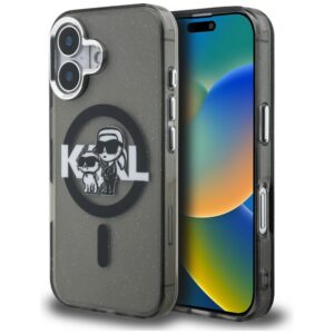Karl Lagerfeld IML Glitter Karl & Choupette Sketch Logo MagSafe dėklas, skirtas iPhone 16 - Juodas