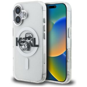 Karl Lagerfeld IML Glitter Karl & Choupette Sketch Logo MagSafe dėklas skirtas iPhone 16 - Permatomas