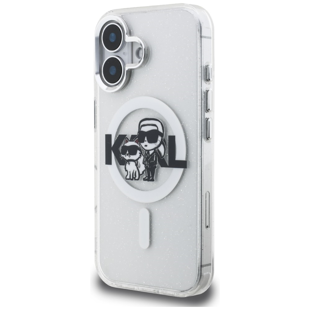 Karl Lagerfeld IML Glitter Karl & Choupette Sketch Logo MagSafe dėklas skirtas iPhone 16 - Permatomas
