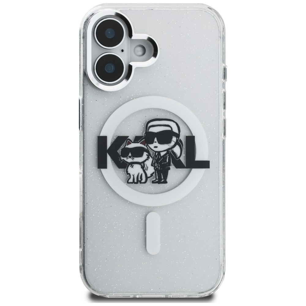 Karl Lagerfeld IML Glitter Karl & Choupette Sketch Logo MagSafe dėklas skirtas iPhone 16 - Permatomas