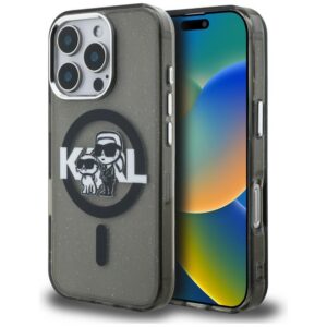 Karl Lagerfeld IML Glitter Karl & Choupette Sketch Logo MagSafe dėklas skirtas iPhone 16 Pro - Juodas