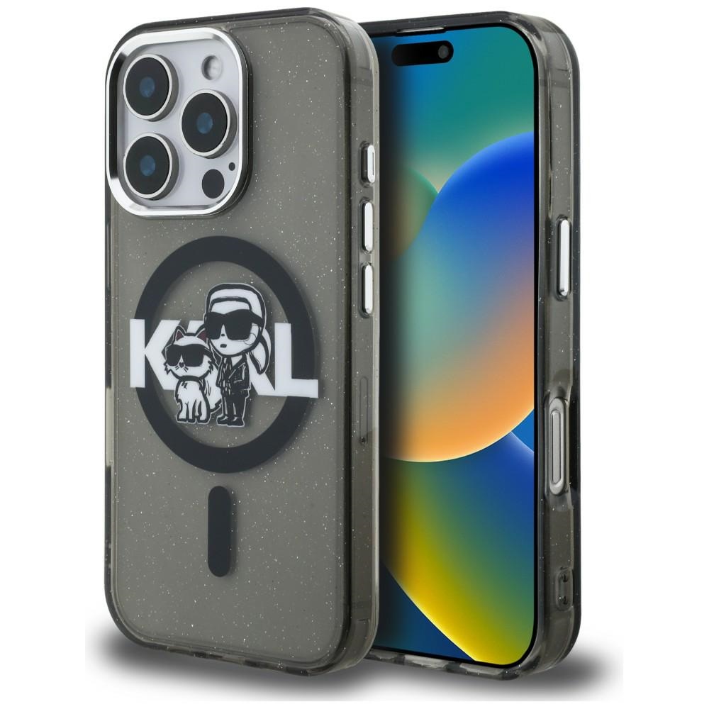 Karl Lagerfeld IML Glitter Karl & Choupette Sketch Logo MagSafe dėklas skirtas iPhone 16 Pro - Juodas