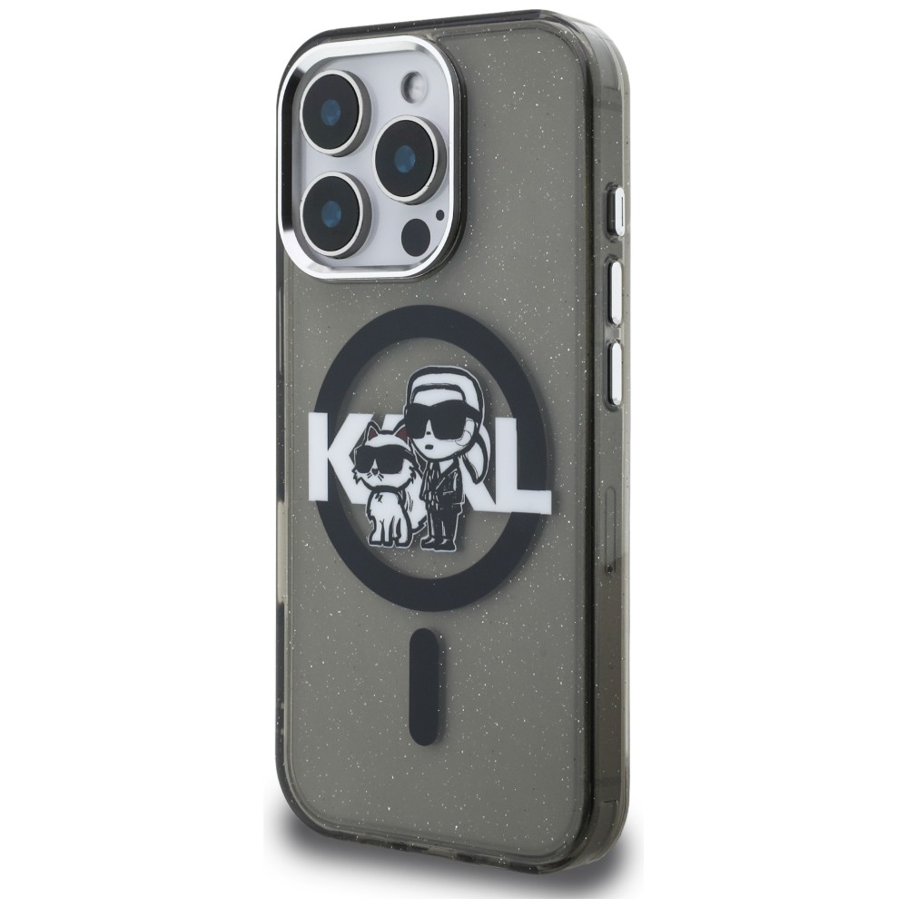 Karl Lagerfeld IML Glitter Karl & Choupette Sketch Logo MagSafe dėklas skirtas iPhone 16 Pro - Juodas