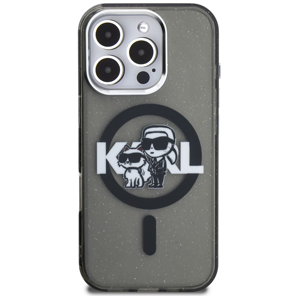 Karl Lagerfeld IML Glitter Karl & Choupette Sketch Logo MagSafe dėklas skirtas iPhone 16 Pro - Juodas