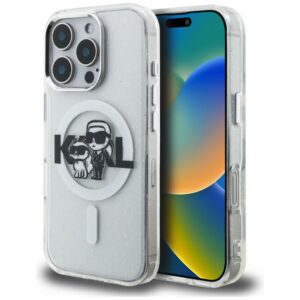 Karl Lagerfeld IML Glitter Karl & Choupette Sketch Logo MagSafe dėklas skirtas iPhone 16 Pro - Permatomas