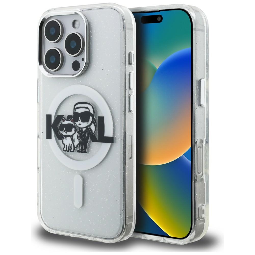 Karl Lagerfeld IML Glitter Karl & Choupette Sketch Logo MagSafe dėklas skirtas iPhone 16 Pro - Permatomas