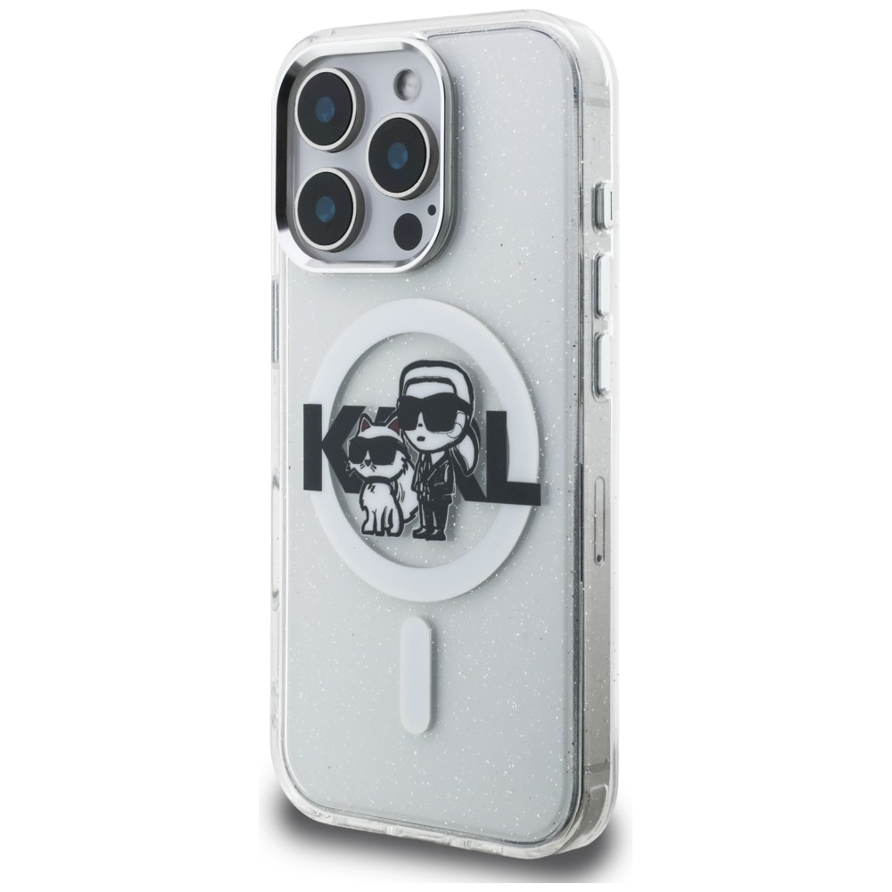 Karl Lagerfeld IML Glitter Karl & Choupette Sketch Logo MagSafe dėklas skirtas iPhone 16 Pro - Permatomas