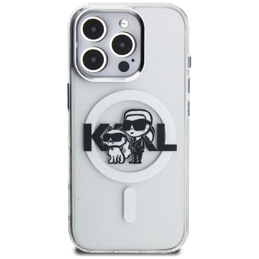 Karl Lagerfeld IML Glitter Karl & Choupette Sketch Logo MagSafe dėklas skirtas iPhone 16 Pro - Permatomas