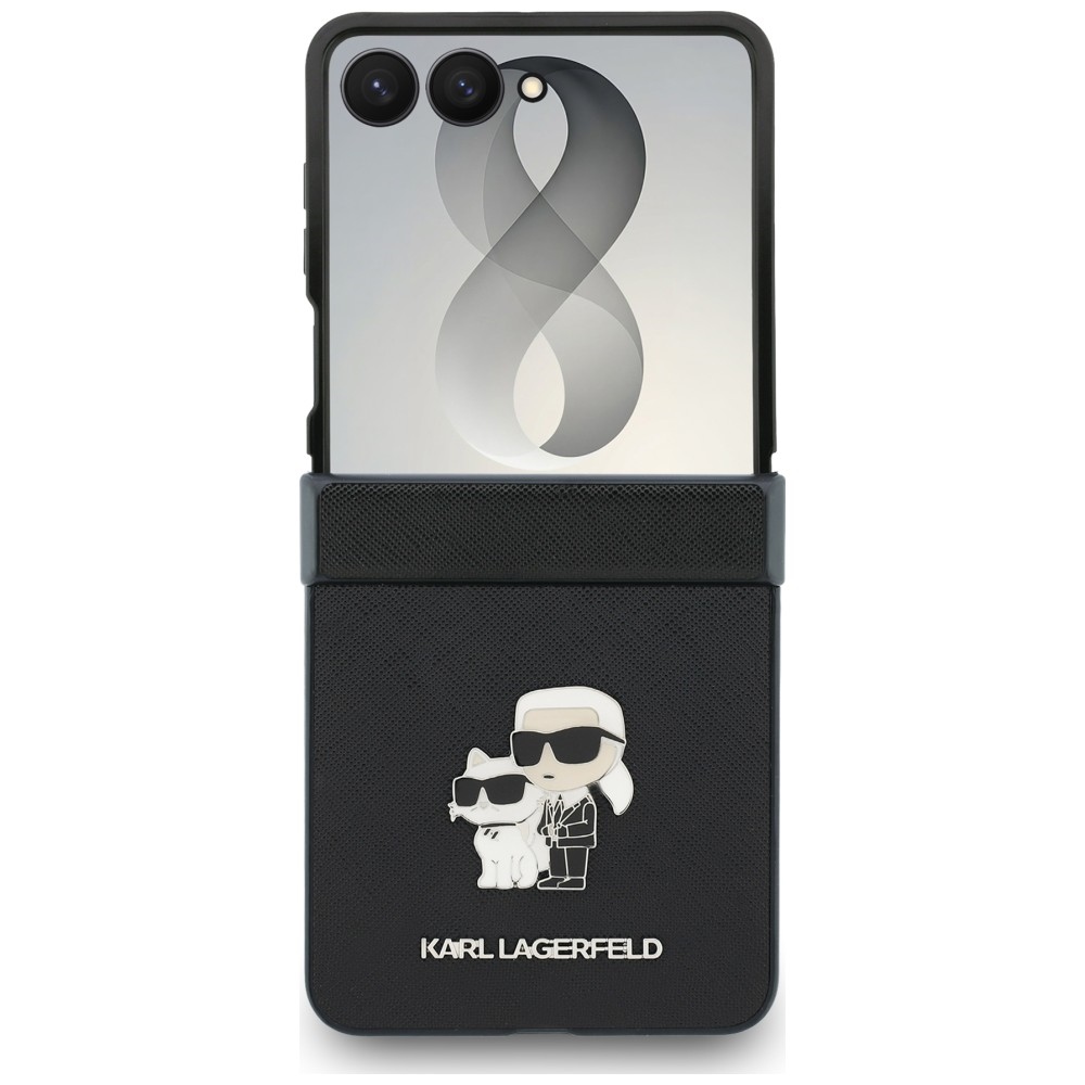 Dėklas Karl Lagerfeld Karl & Choupette Saffiano Pins Samsung Galaxy Z Flip 8 - juodas
