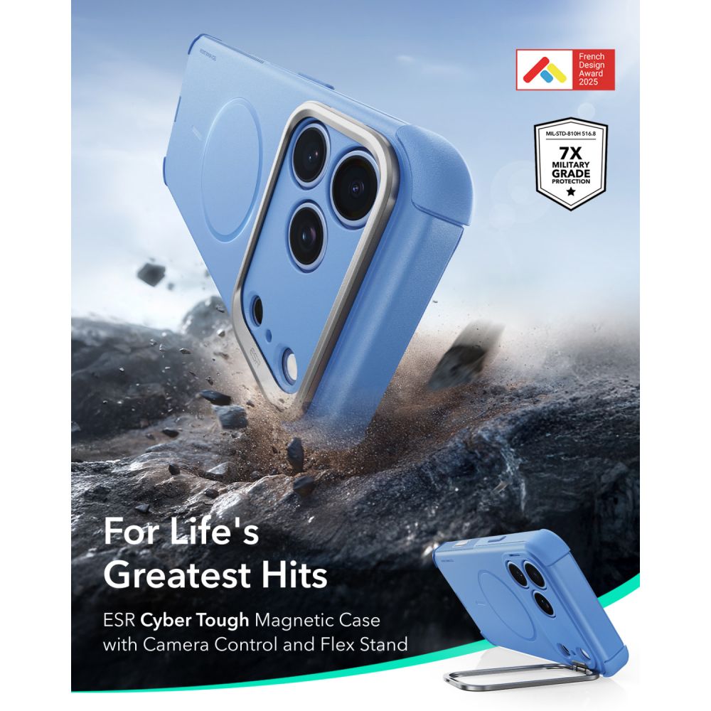 Dėklas ESR Cyber Tough Kickstand MagSafe iPhone 17 Pro Max / 18 Pro Max, šviesiai mėlynas