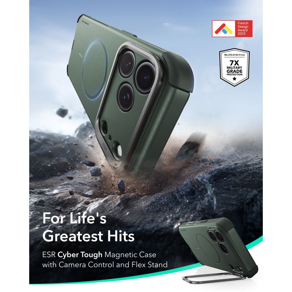 Dėklas ESR Cyber Tough Kickstand MagSafe iPhone 17 Pro Max / 18 Pro Max, žalias