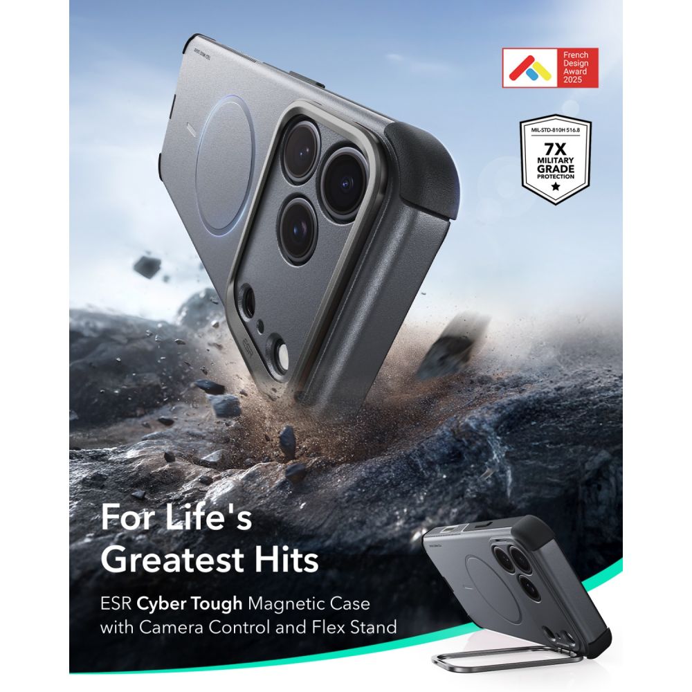 Dėklas ESR Cyber Tough Kickstand MagSafe iPhone 17 Pro / 18 Pro, pilkas