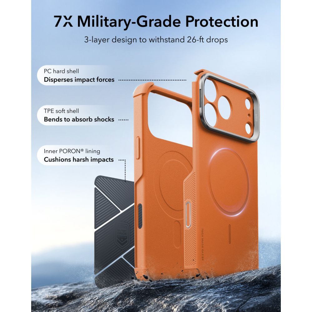 Dėklas ESR Cyber Tough Kickstand MagSafe iPhone 17 Pro / 18 Pro, oranžinis