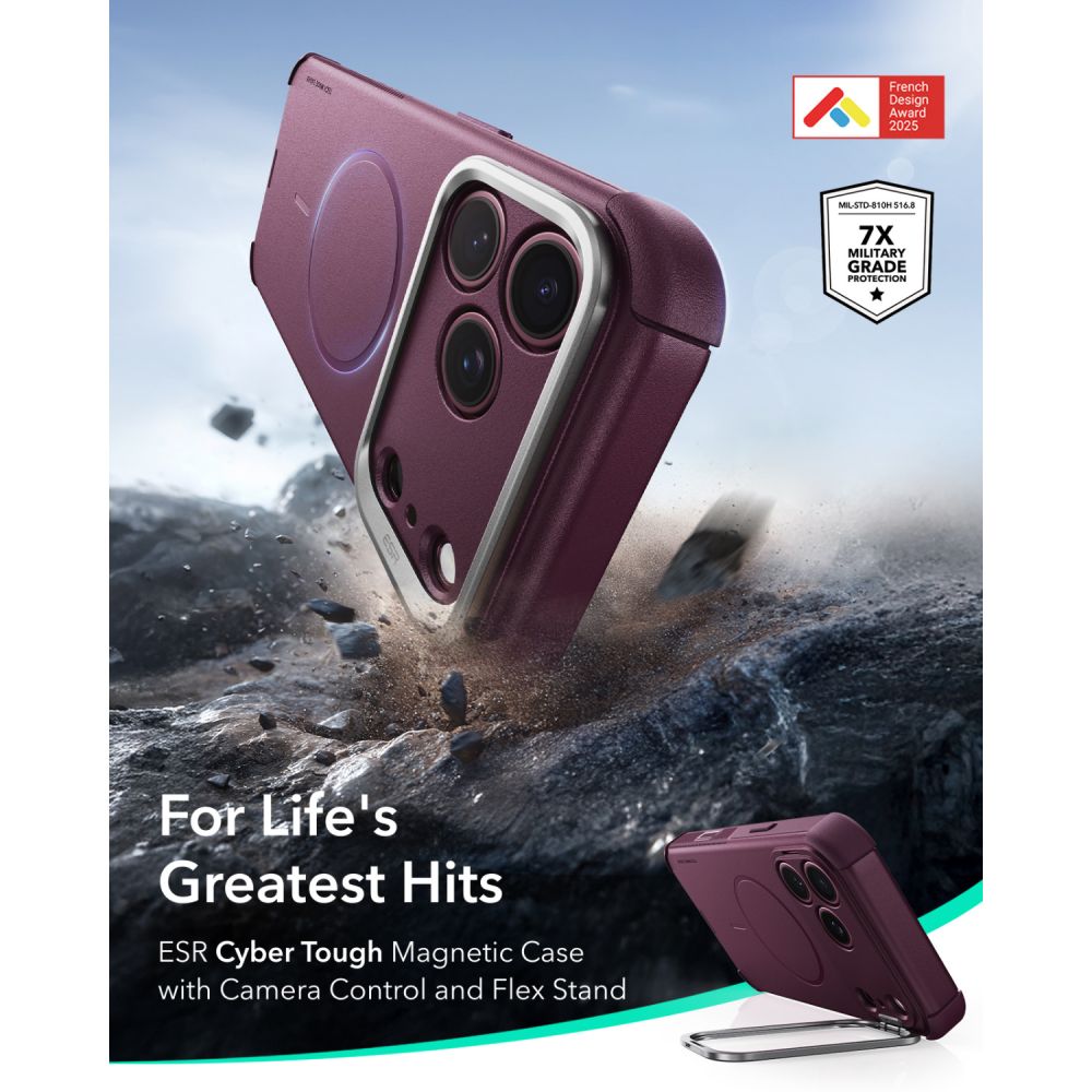 Dėklas ESR Cyber Tough Kickstand MagSafe iPhone 17 Pro Max / 18 Pro Max, bordo